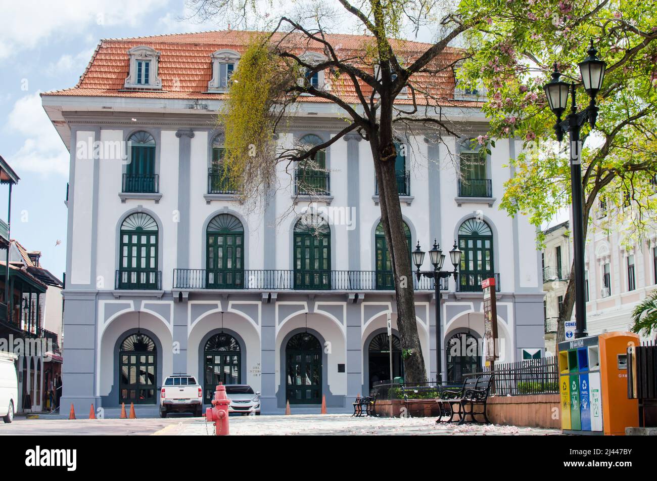 Facade of Panama Canal Museum located in the Old Town of Panama City Stock Photo