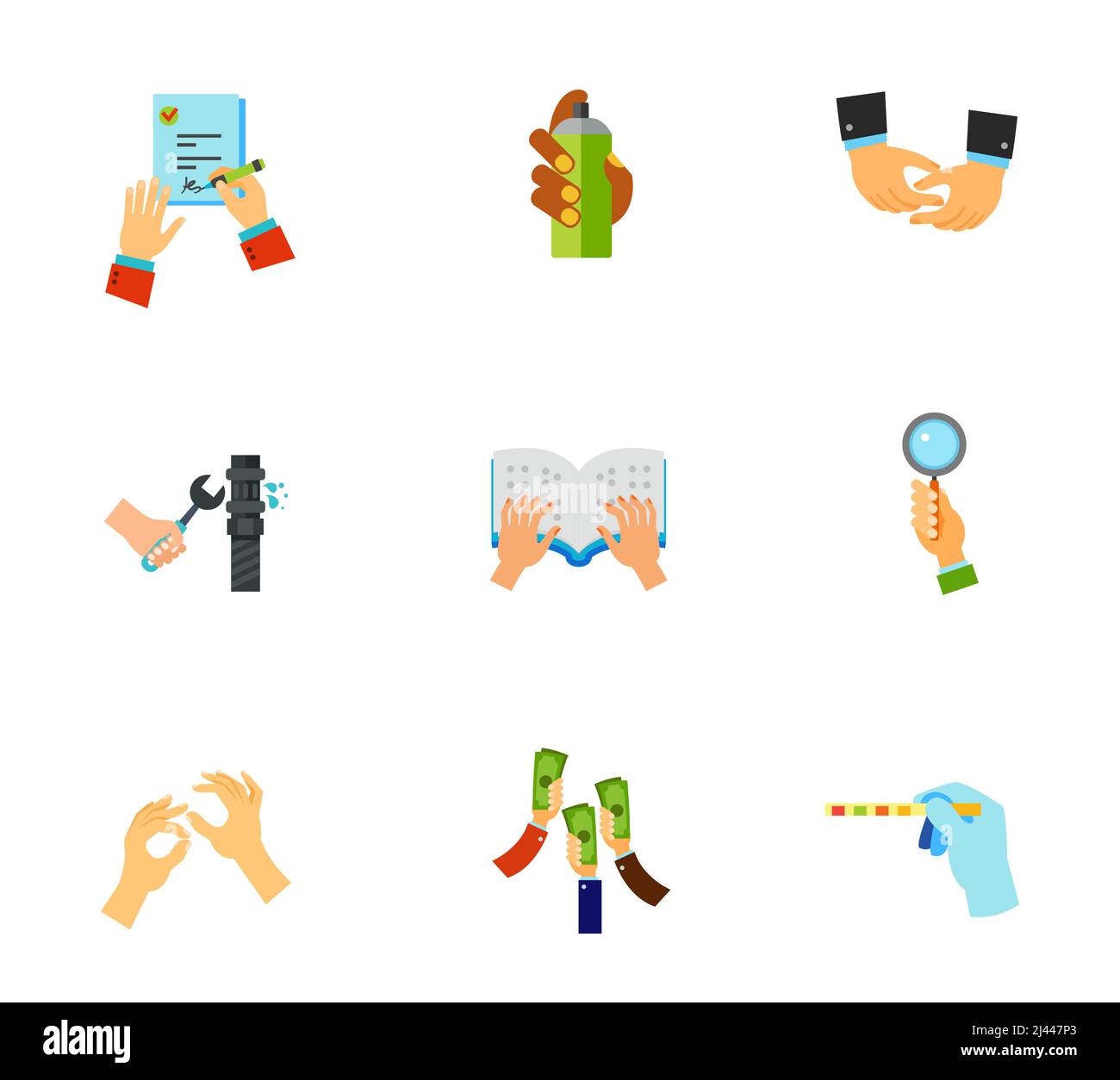 Hands icon set. Signing job contract Graffiti spray Depicting hands Pipe repair Braille book Bidder hand Sign language Raising money Medical test Stock Vector
