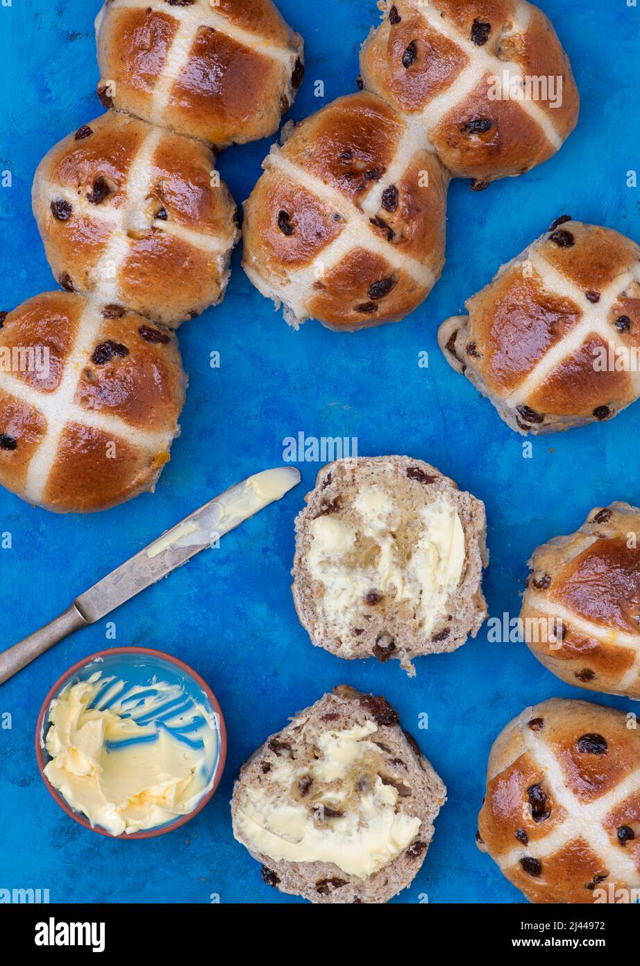 Homemade Hot Cross buns Stock Photo