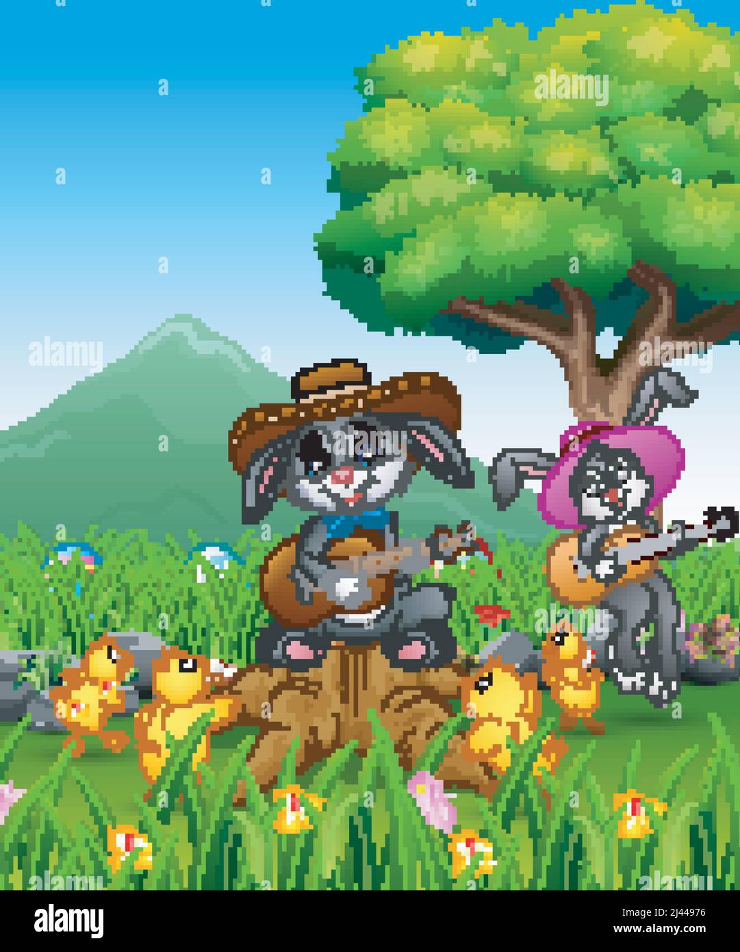 Cute bunnies relax playing guitar and surrounded by chicks Stock Vector ...