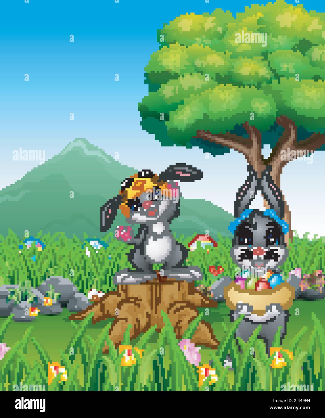 Happy rabbit holding easter egg on the field Stock Vector