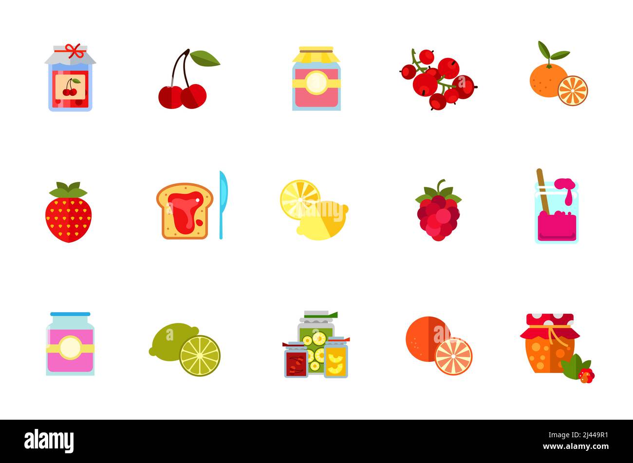 Berries and fruits icon set. Jam Jar With Paper Cherry Jam Jar With Label Red Currant Bunch Tangerine Strawberry Jam On Bread And Knife Lemon Raspberr Stock Vector