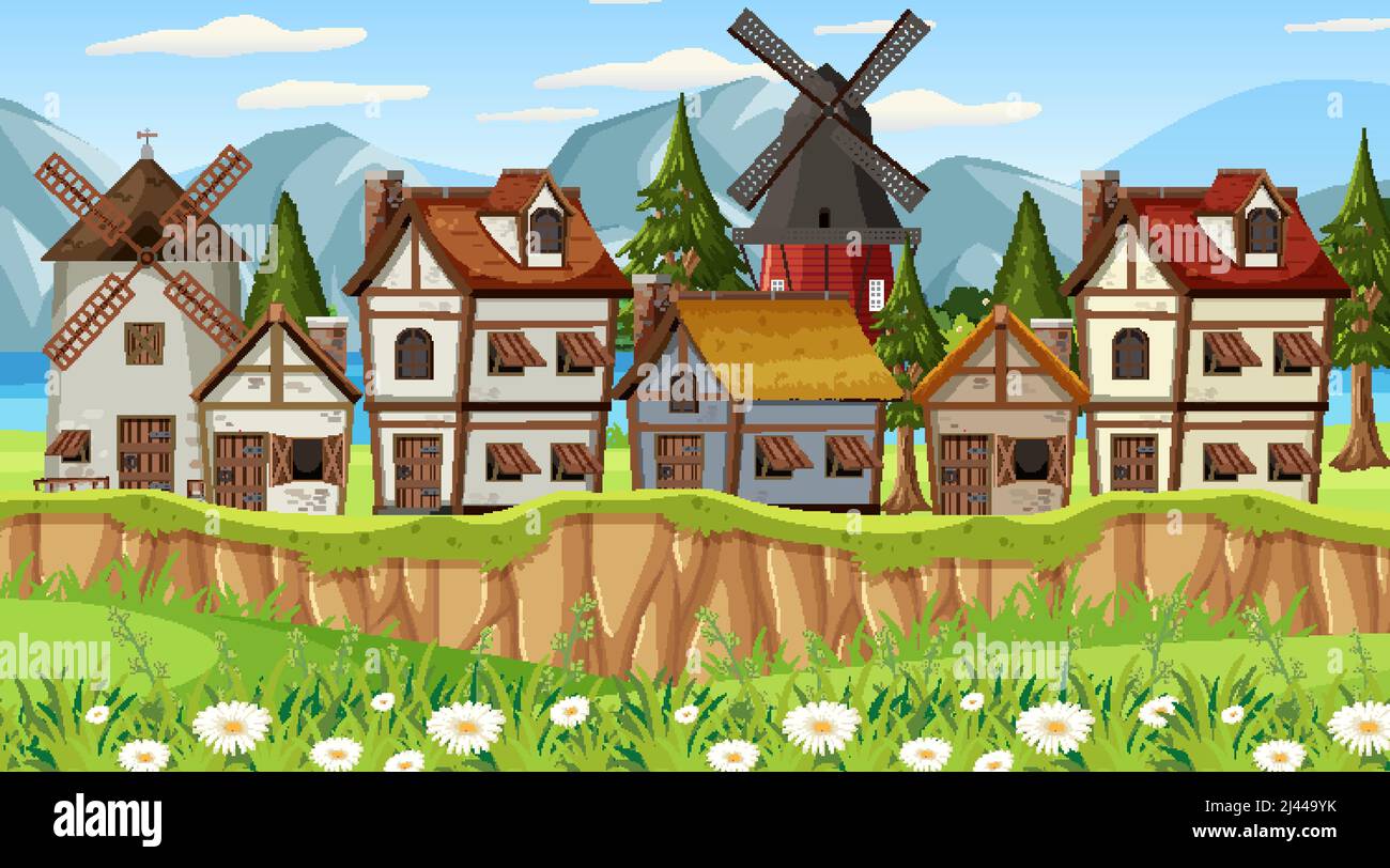 Medieval town scene with villagers illustration Stock Vector Image ...