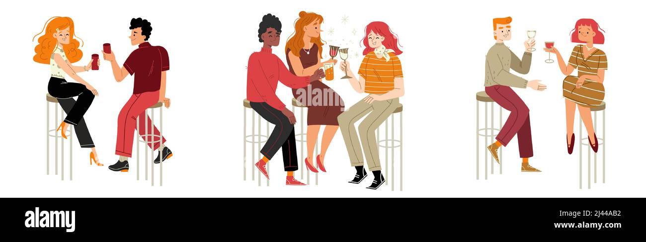 People sitting on stools in bar and drink alcohol. Vector flat illustration of happy women and men with wine and beer in restaurant or cafe. Concept of dating or friend meeting Stock Vector