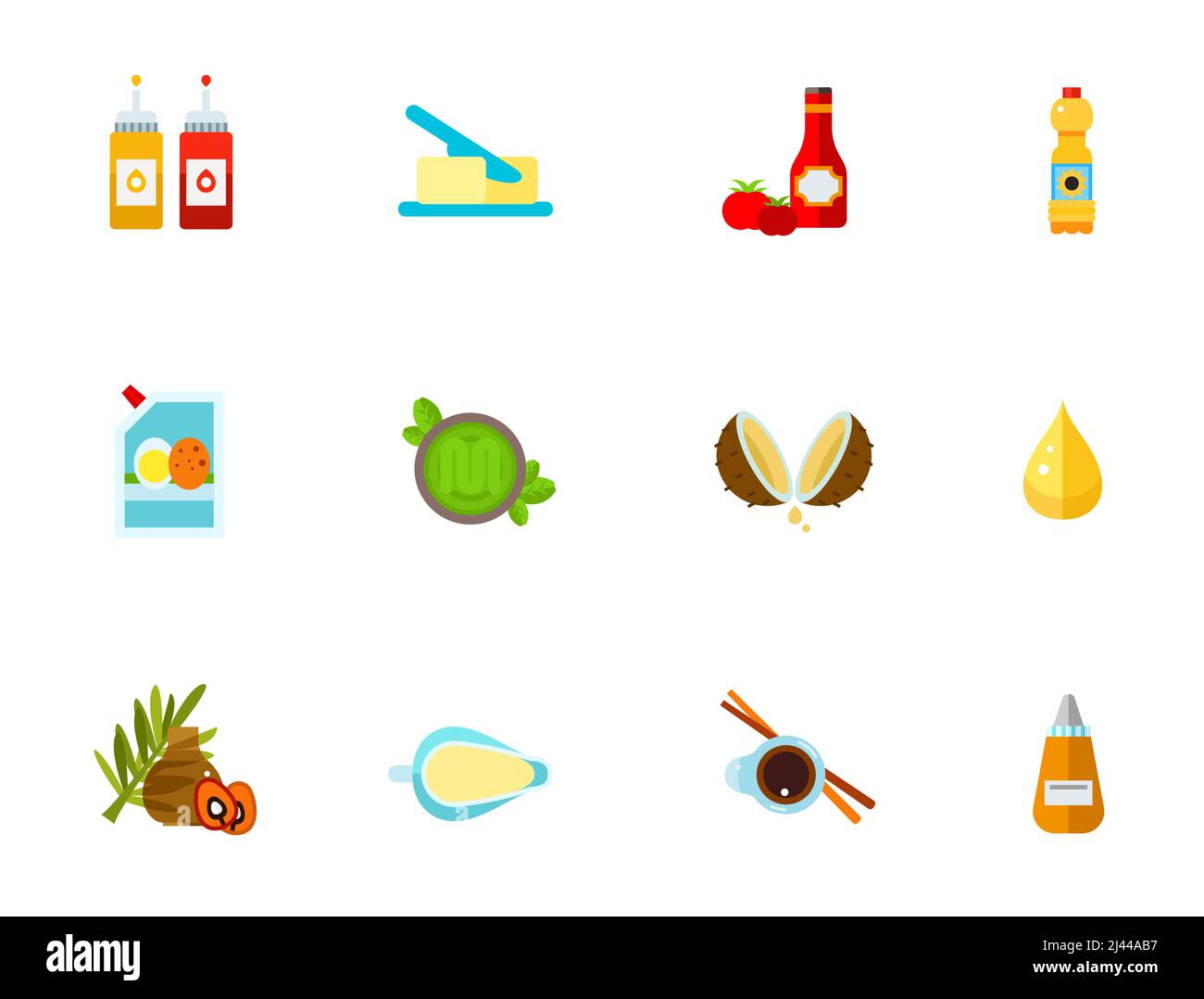 Condiments icon set. Ketchup And Mustard Bottles Butter Ketchup And Tomatoes Cooking Oil Bottle Mayonnaise In Bag Green Pesto Sauce Coconut Oil Drop P Stock Vector