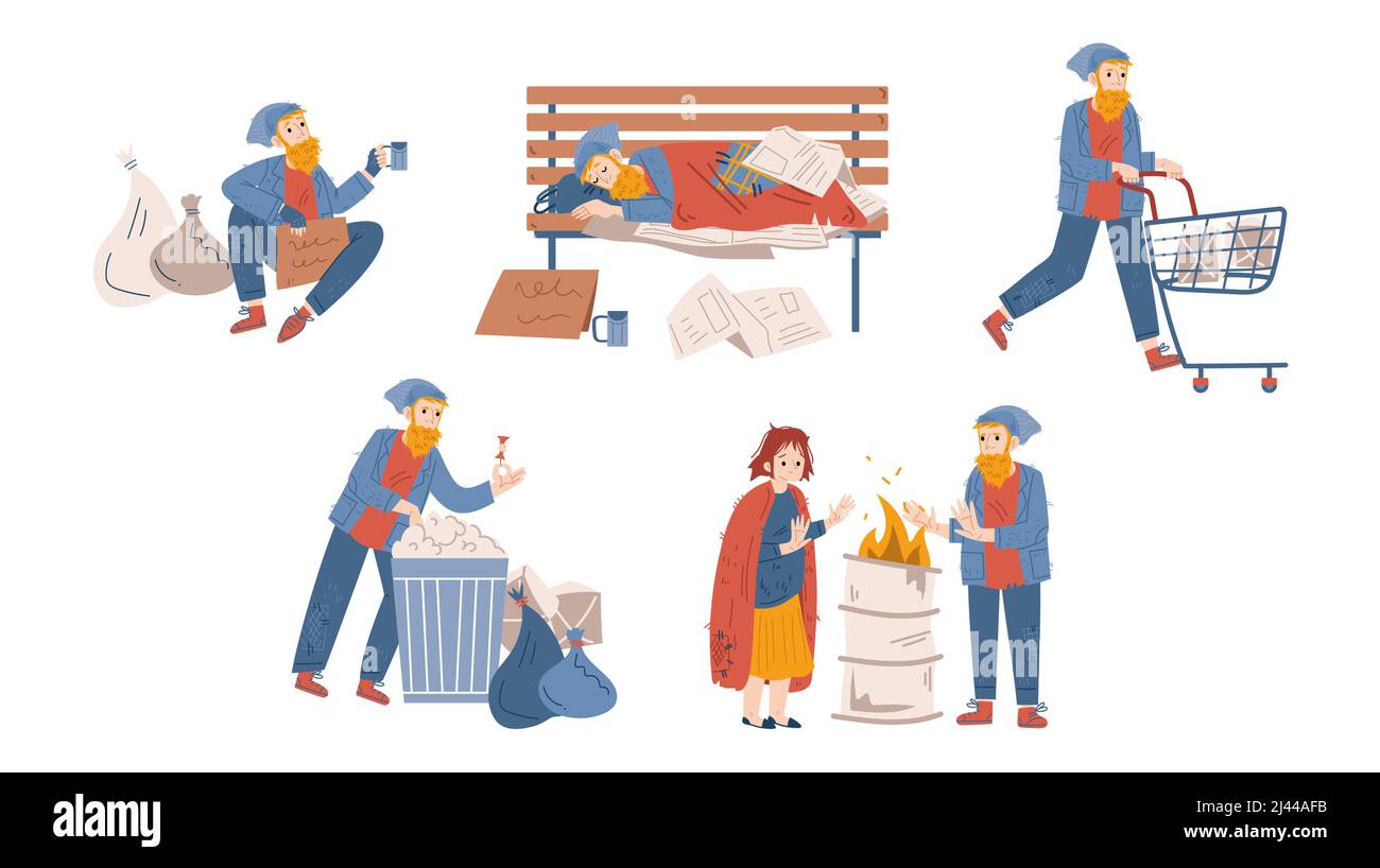 Homeless people, beggars male and female characters begging money, bums wear ragged clothing pick up garbage on street, sleep on bench, warm at barrel. Refugee need help, Linear vector illustration Stock Vector