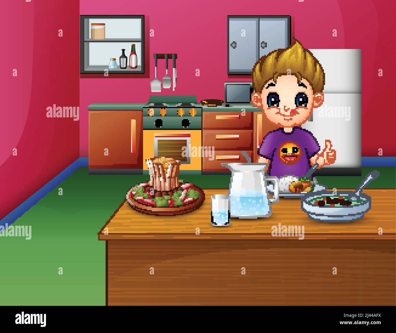 Happy boy eating at the dining table Stock Vector Image & Art - Alamy
