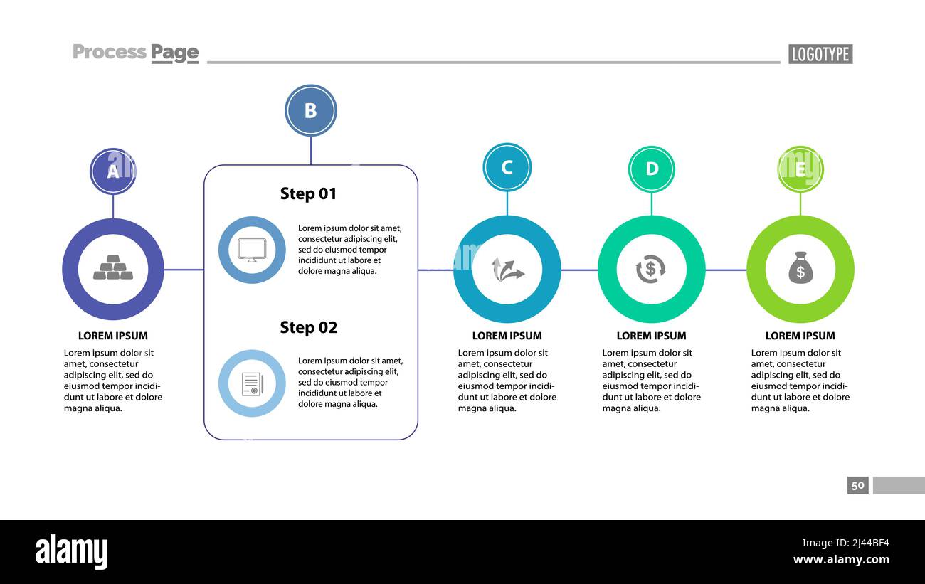 Five stage process chart with slide template. Element of strategy, plan ...