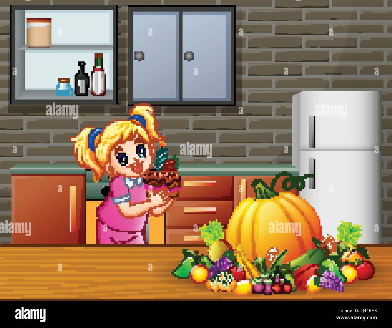 Cute Cartoon a Girl holding a cake in the Kitchen Stock Vector Image ...
