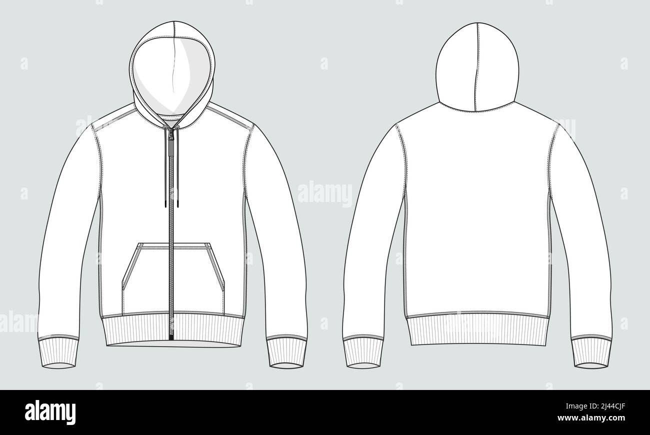 Long sleeve hoodie technical fashion Drawing sketch template front and back view. apparel dress design vector illustration mock up jacket CAD. Easy ed Stock Vector