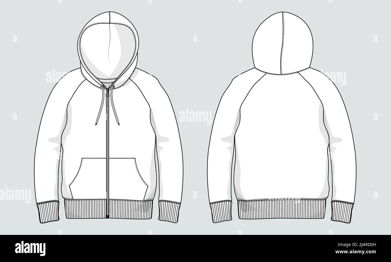 Long sleeve hoodie technical fashion Drawing sketch template front and back view. apparel dress design vector illustration mock up jacket CAD. Easy ed Stock Vector