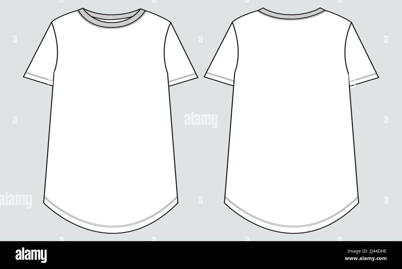 Oversize T shirt Tops Blouse technical fashion flat sketch vector illustration template Front And back views. Apparel Clothing Mock up Cad for Ladies Stock Vector