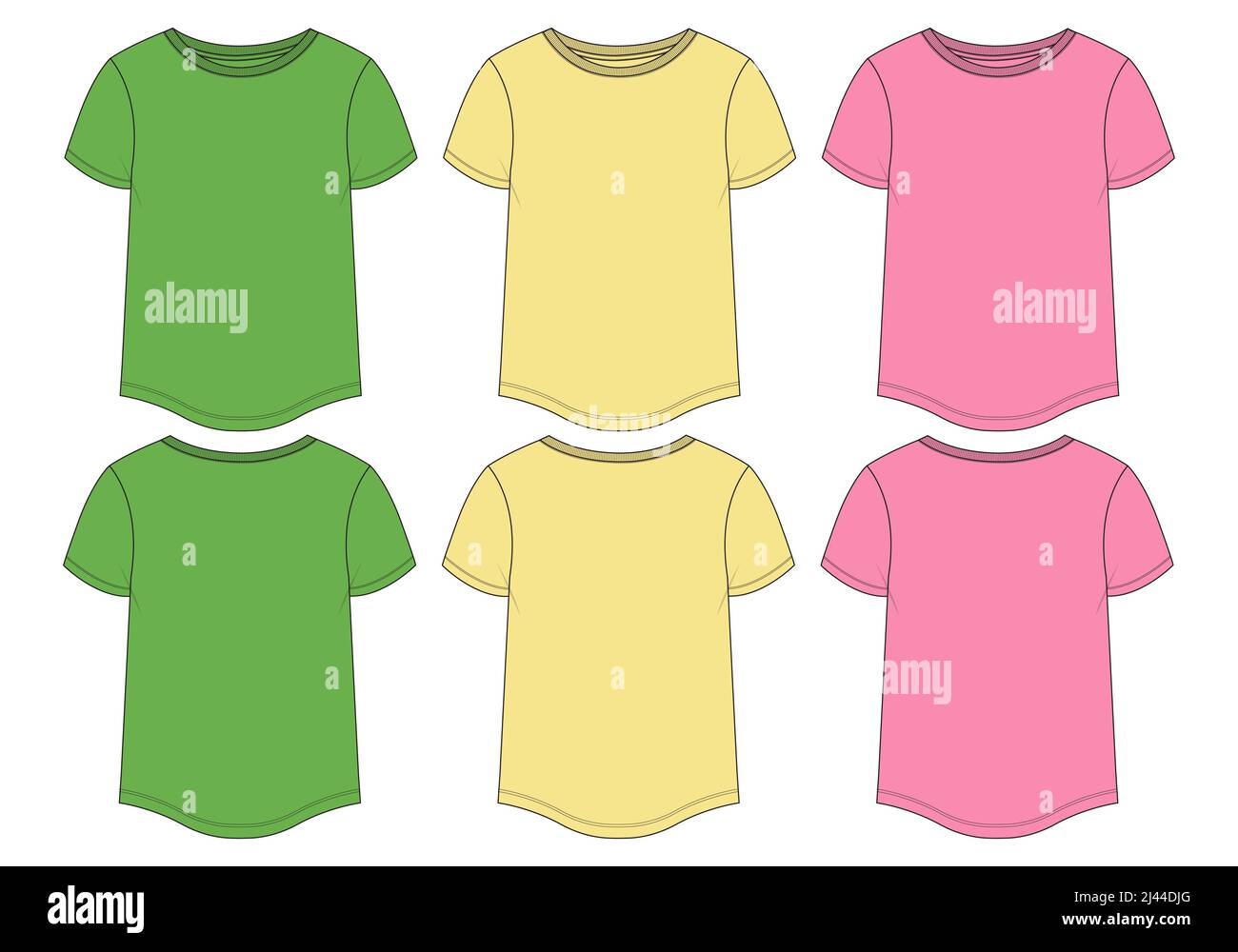 Multicolor Set of Collection Pink, Green, yellow Women's Top. T shirt apparel technical fashion flats sketch vector template. Clothing design mock up Stock Vector
