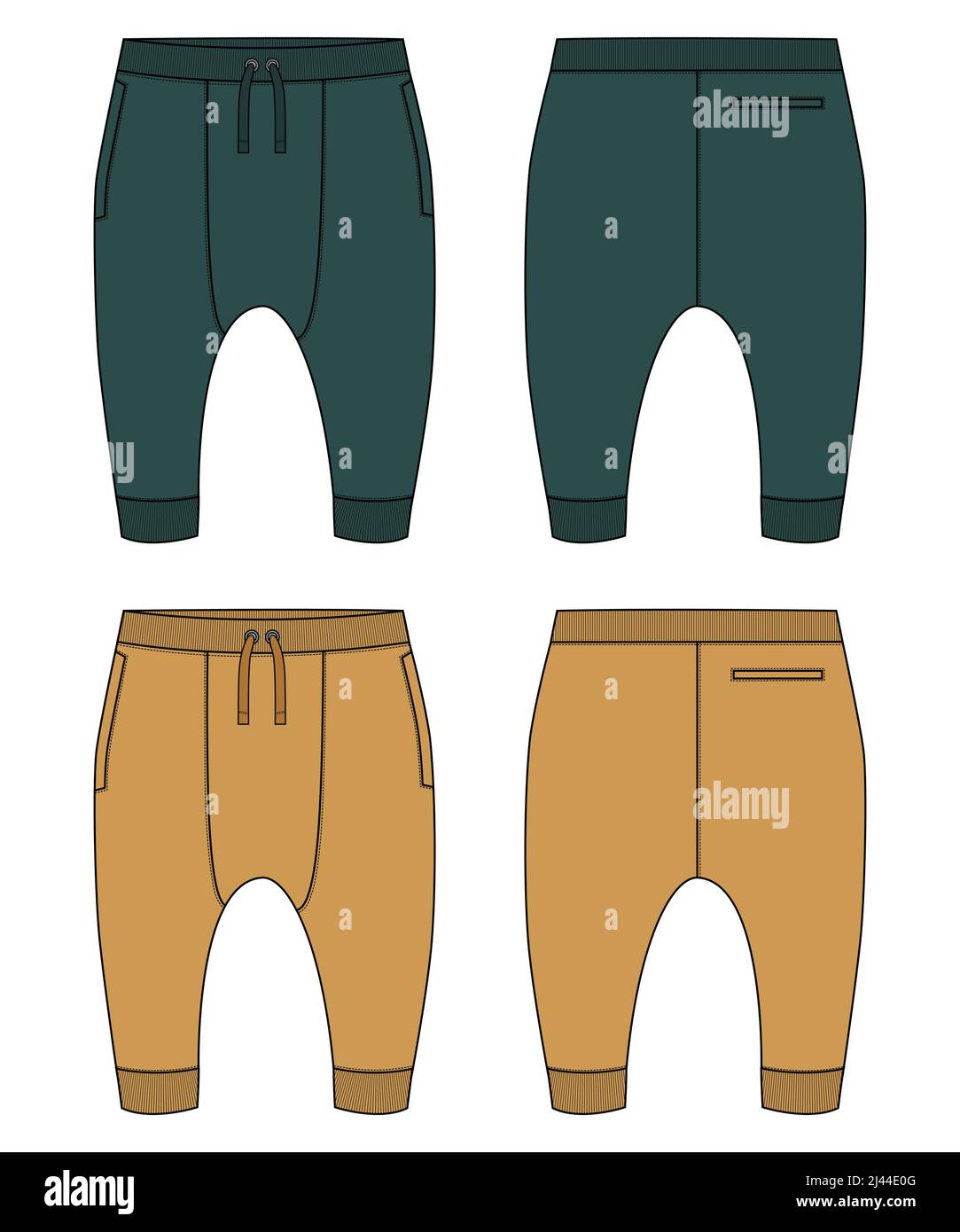Sweatpants Fashion flat sketch vector illustration template For Kids. Apparel Clothing Design Green, Yellow color Mock up Cad. Stock Vector