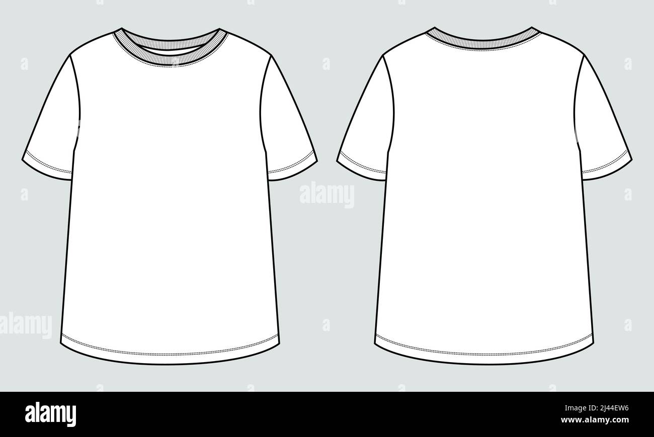Short sleeve round neck Technical Sketch flat fashion T-shirt Template for girls 2-6 years. Apparel dress design CAD Mock up Vector Illustration Graph Stock Vector
