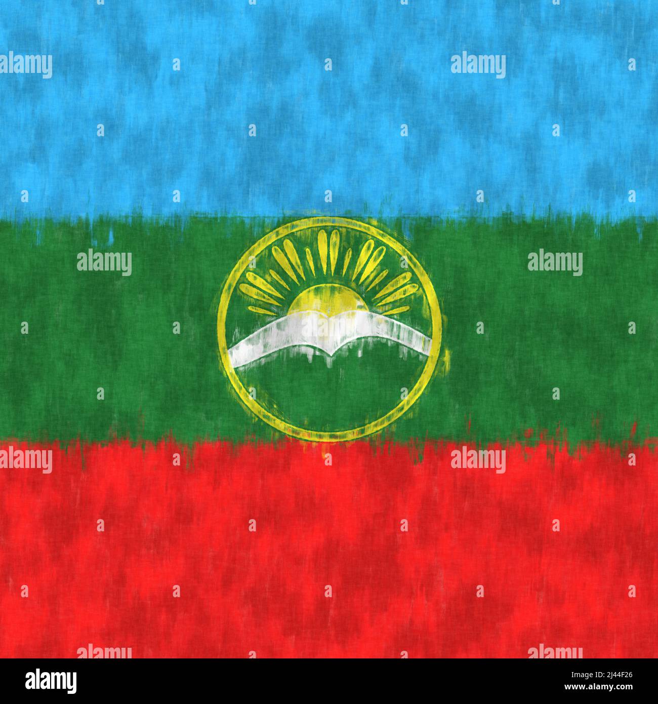 Karachay-Cherkessia oil painting. Karachay-Cherkess emblem drawing canvas. A painted picture of a country's flag. Stock Photo