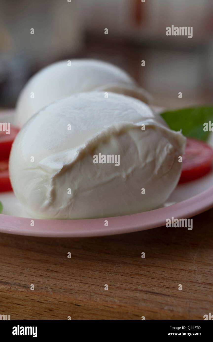 White ball of Italian soft cheese Mozzarella di Bufala Campana served