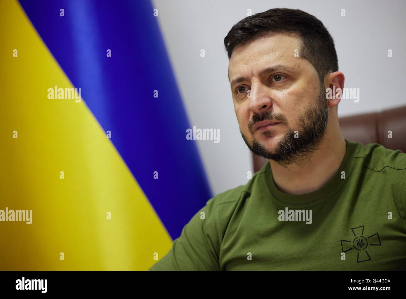 KYIV, UKRAINE - 11 April 2022 - Ukrainian president Volodymyr Zelenskyy gives a speech from his office to the National Assembly of the Republic of Kor Stock Photo