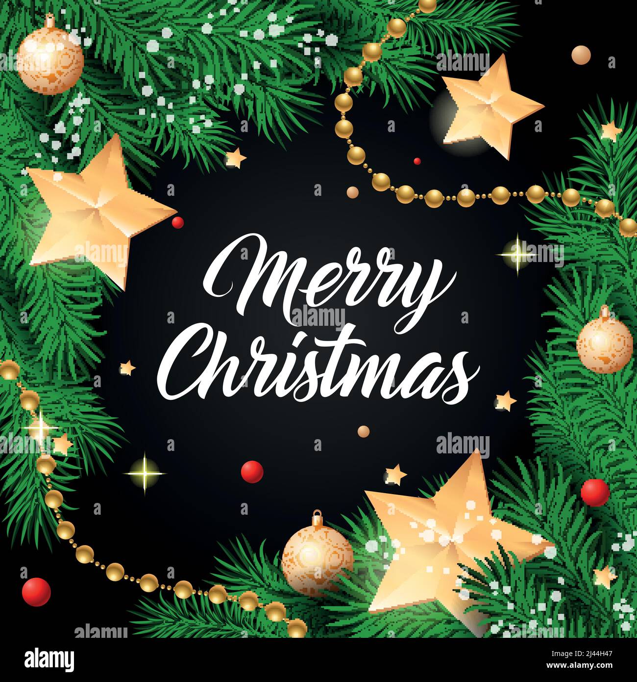 Merry Christmas lettering. Dark background with golden stars and twigs ...