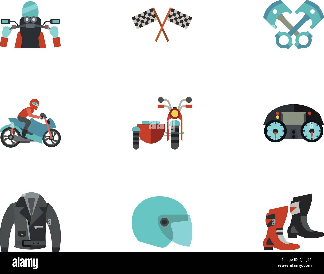 Motorcycling Icon Set. Biker Riding Motorcycling Racing Flag Piston Engine Motorcyclist On Bike Motorcycle With Sidecar Motorcycle Dashboard Leather J Stock Vector