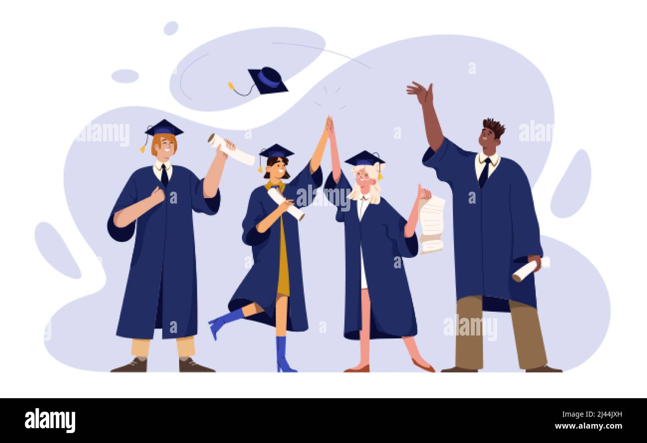 Flat graduate students in mantle and cap holding university diploma, paper scroll. Happy young people in academic gown with bachelor degree celebrating graduation from college, university, high school Stock Vector