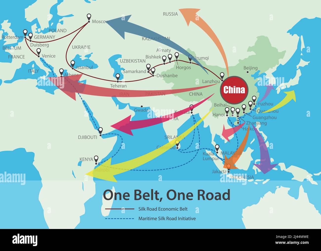 One Belt, One Road, Chinese strategic investment in the 21st century map. Chinese words on the map are the name such like china, one belt one road, Eu Stock Vector