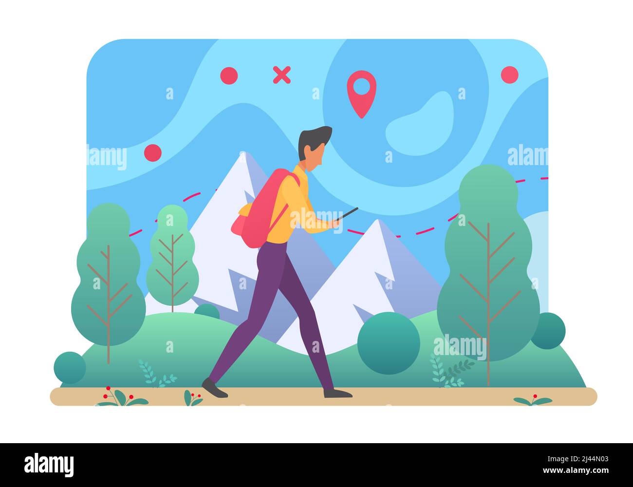 Man enjoying hiking and climbing healthy activity. Trekking active trails of walking leisure time Stock Vector