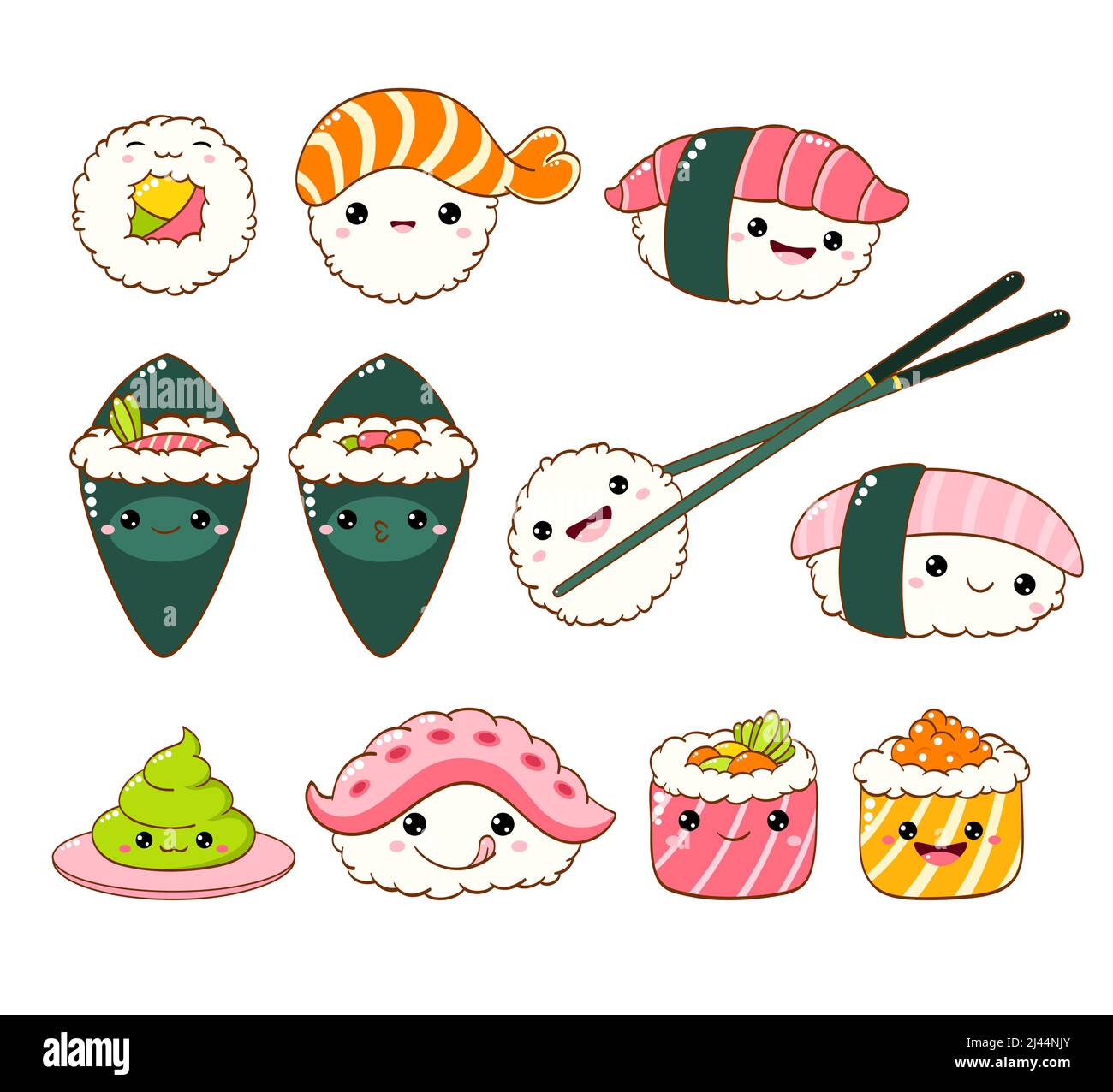 Set of cute sushi and rolls icons in kawaii style with smiling face and pink cheeks. Japanese traditional cuisine dishes. Temaki, chopsticks, nigiri, Stock Vector