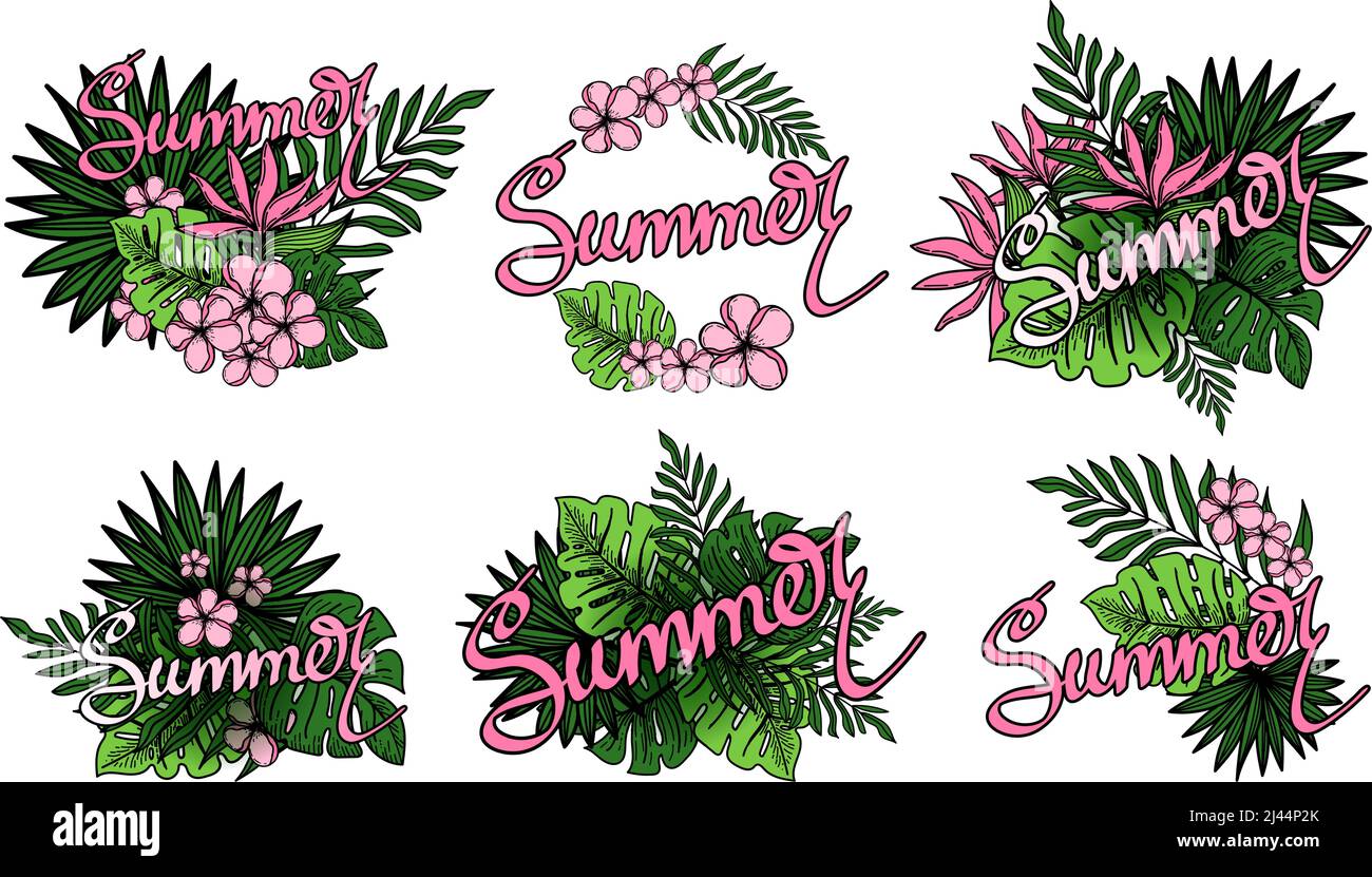 Set of stickers with summer lettering, palm leaf posters, jungle leaf, exotic flowers and handwriting. Vector made by hand in doodle style. Floral tro Stock Vector