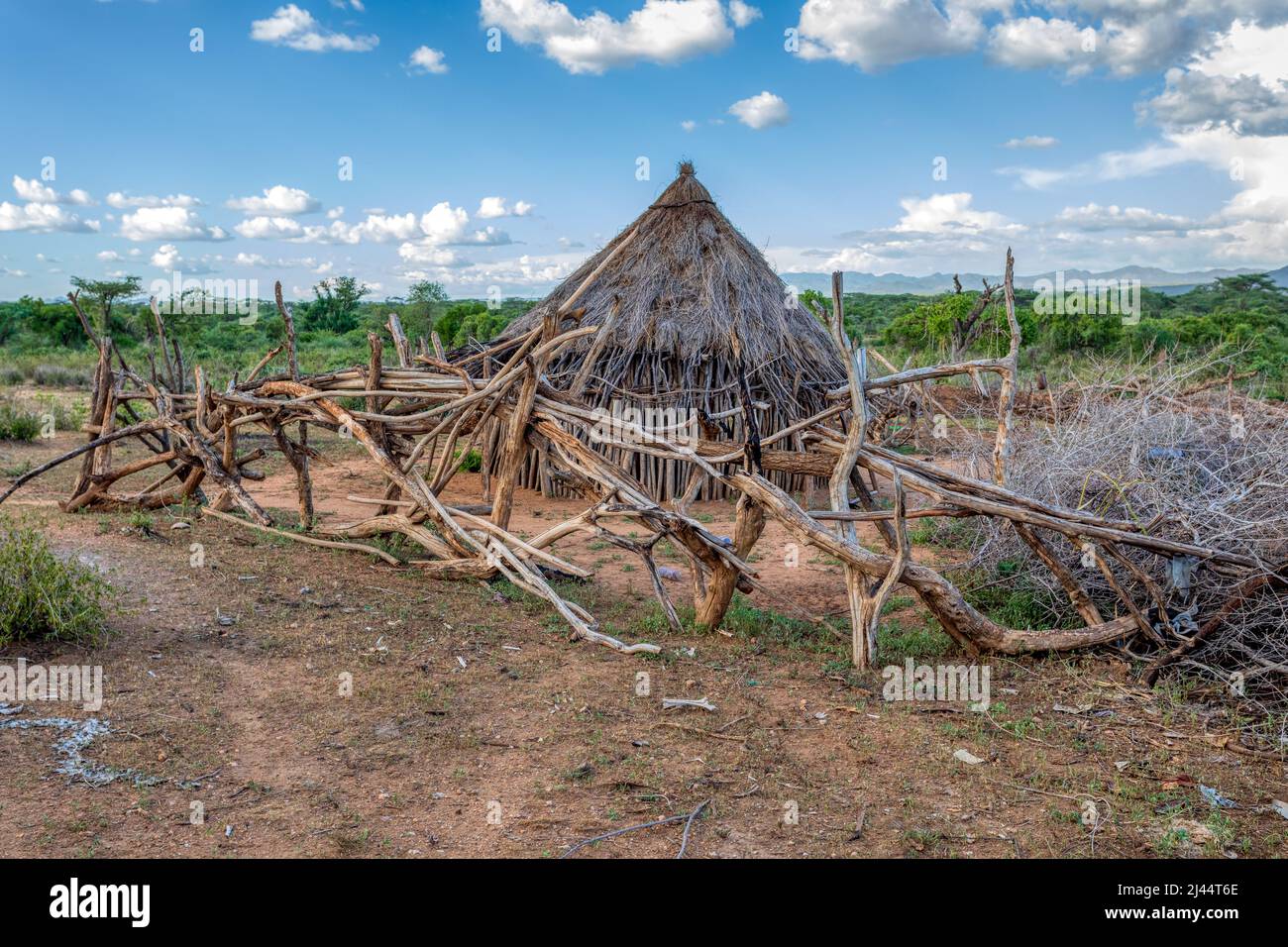 Traditional huts in Hamar Village, The Hamars are the original tribe in southwestern Ethiopia, Africa. They are largely pastoralists, so their culture Stock Photo