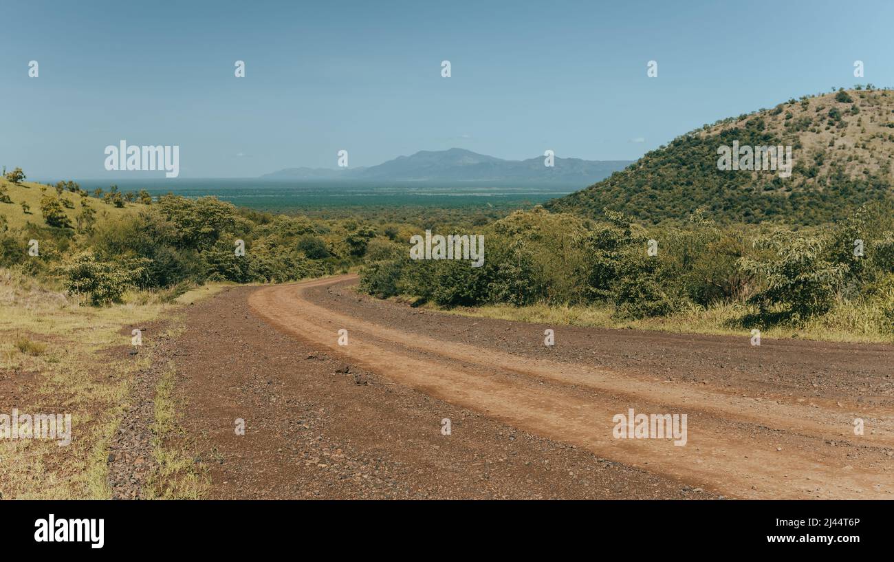 View of very beautiful landscape with dirty road to Mago National Park, Omo Valley, region Southern Nations, Africa nature and wilderness Stock Photo