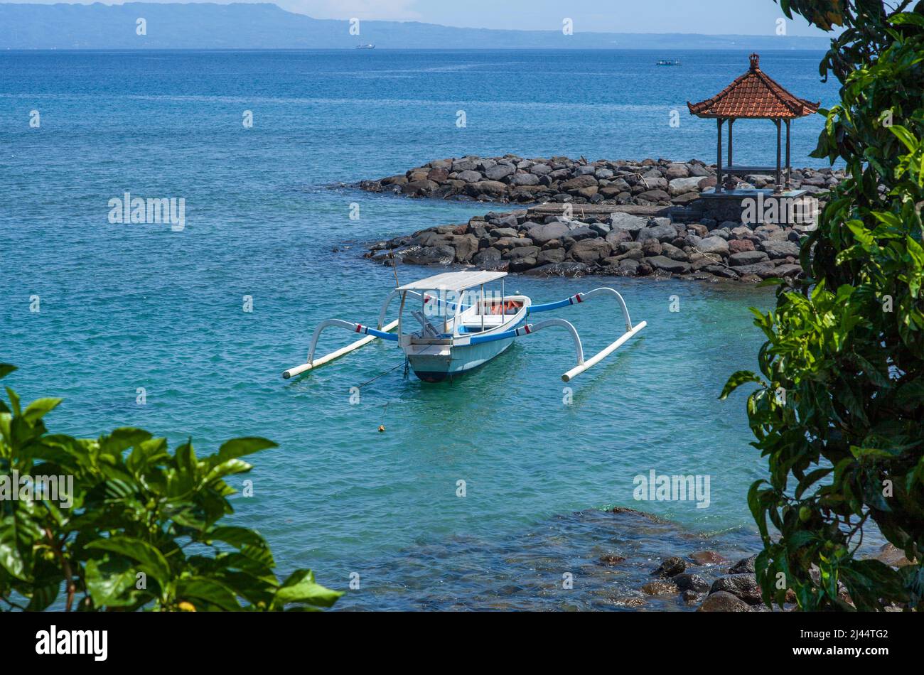 Boats at Candidasa Beach in East Bali, Indonesia. Stock Photo