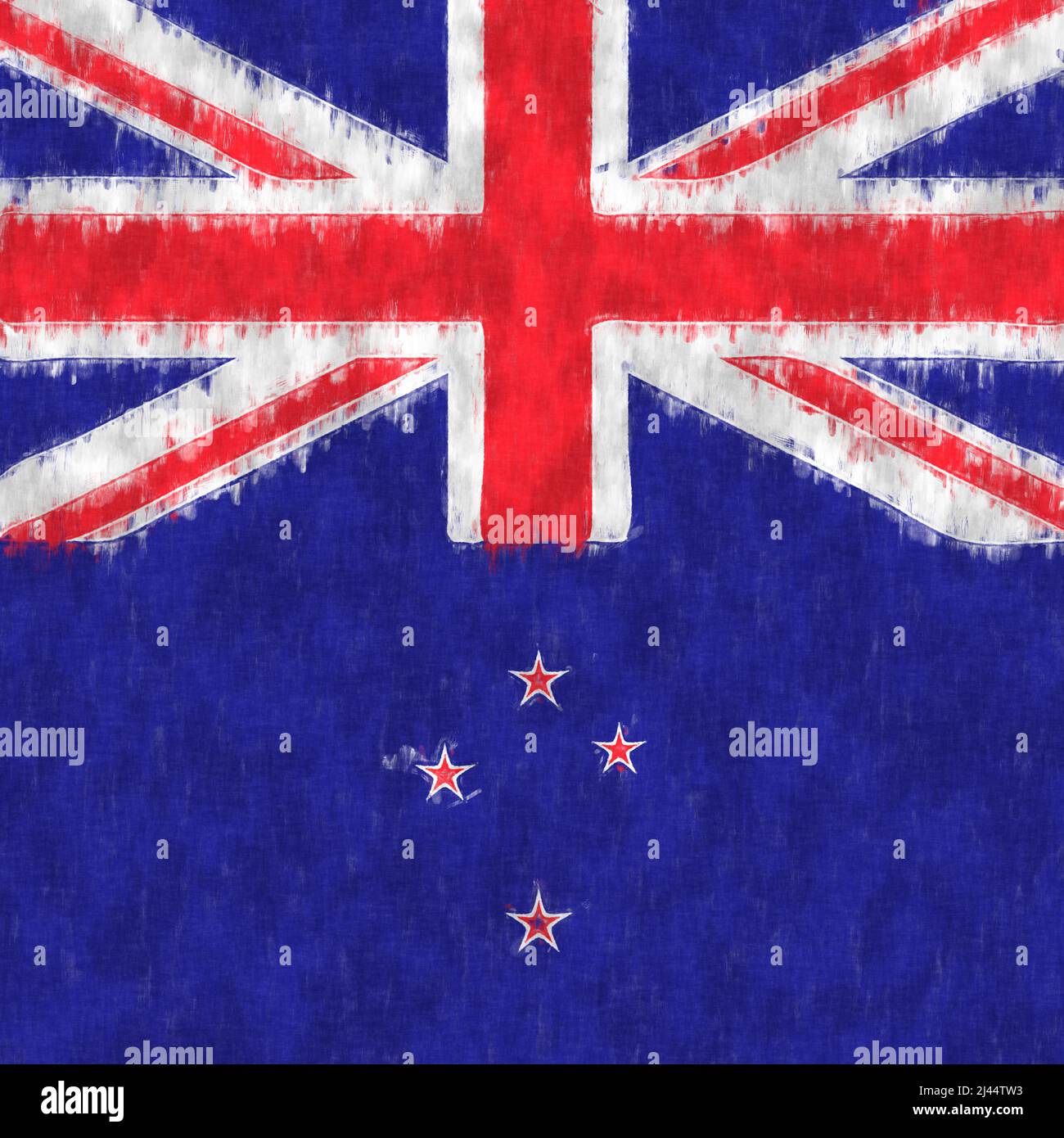 New Zeland oil painting. New Zeland emblem drawing canvas. A painted picture of a country's flag. Stock Photo