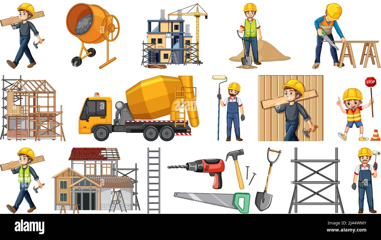 Set of construction site objects and workers illustration Stock Vector