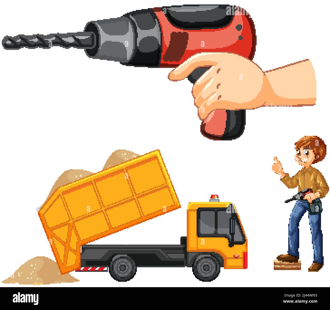 Set of construction site objects and workers illustration Stock Vector