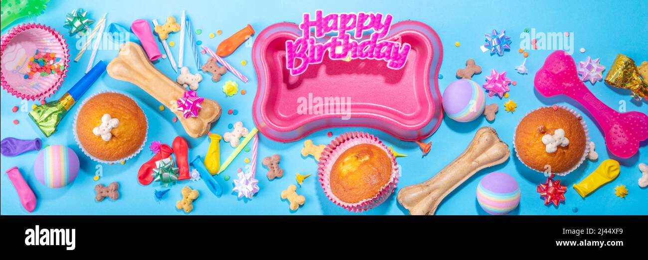 Pet happy birthday background with set different dogs snack, food and