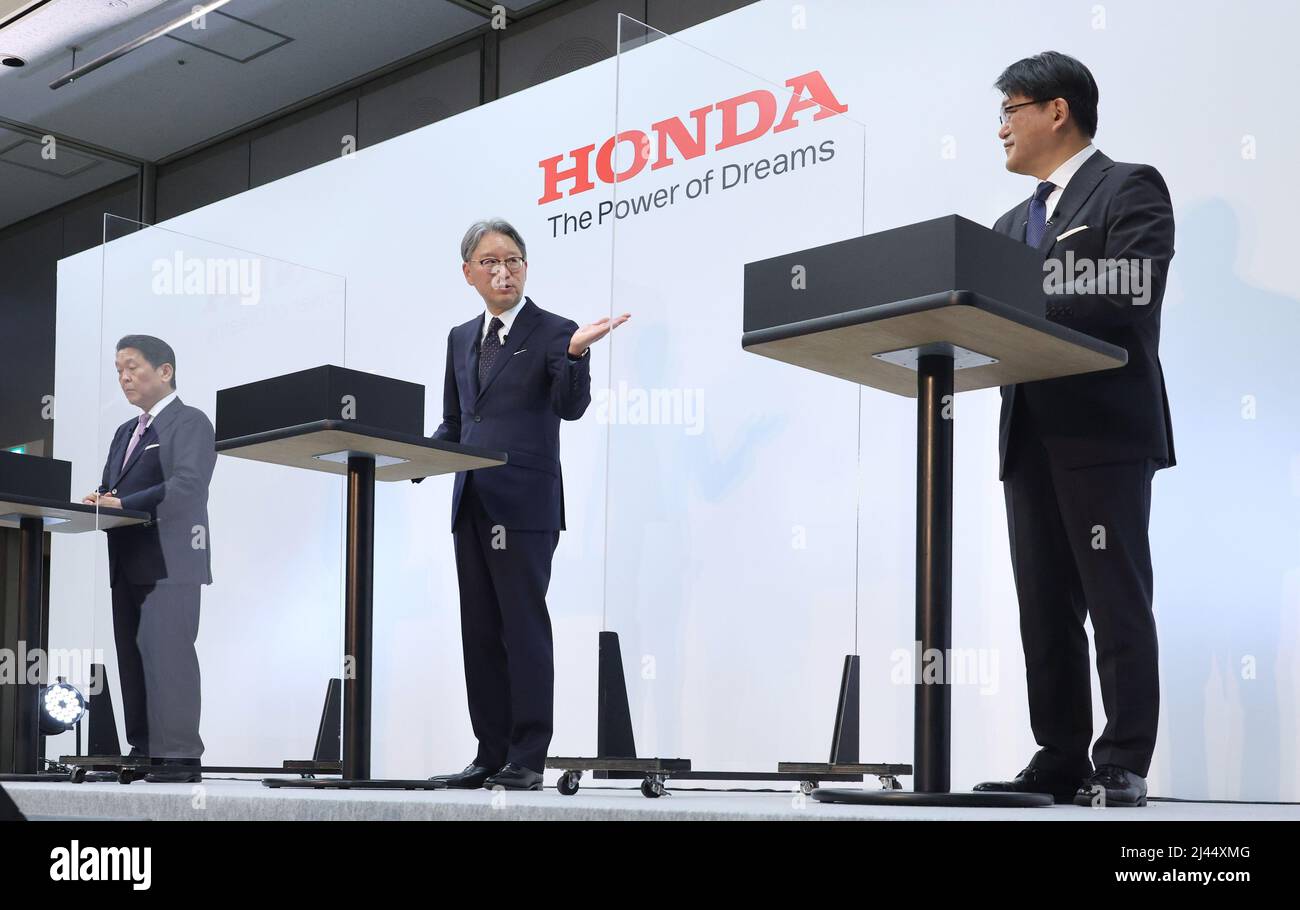 Tokyo, Japan. 12th Apr, 2022. Japan's automobile giant Honda Motor (L-R) senior managing executive officer Shinji Aoyama, president Toshihiro Mibe and executive vice president Kohei Takeuch hold a press conference for the company's business strategy of electric vehicles at Honda's headquarters in Tokyo on Tuesday, April 12, 2022. Honda announced the company had plan to launch 30 EV models globally by 2030 with production volume of more than 2 million units annually. Credit: Yoshio Tsunoda/AFLO/Alamy Live News Stock Photo