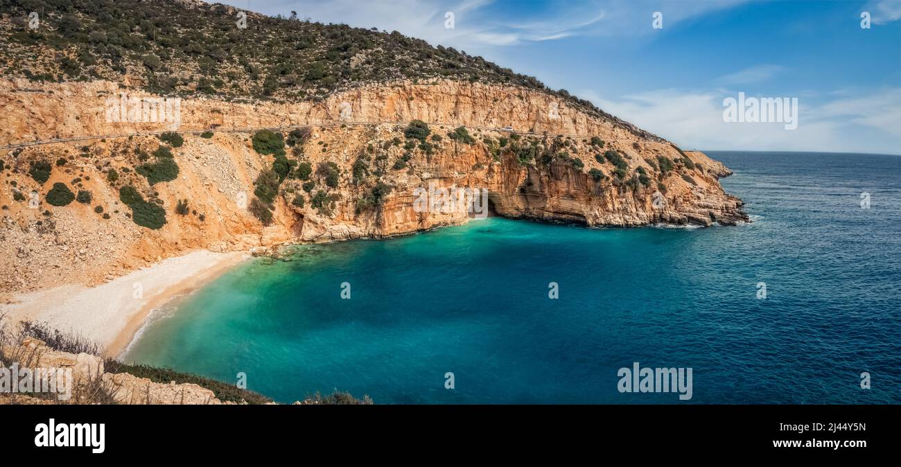 Panoramic view  tropical sea, cove and beach landscape from Kas, Antalya, Turkey. Holiday, travel and tourism concept. Finike - Demre way. Stock Photo