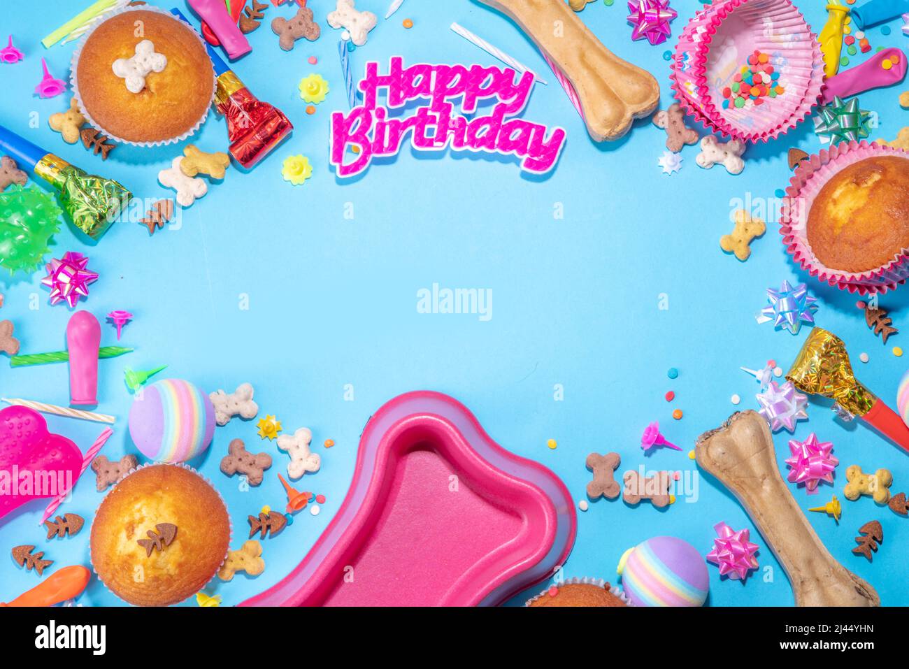 Pet happy birthday background with set different dogs snack, food and
