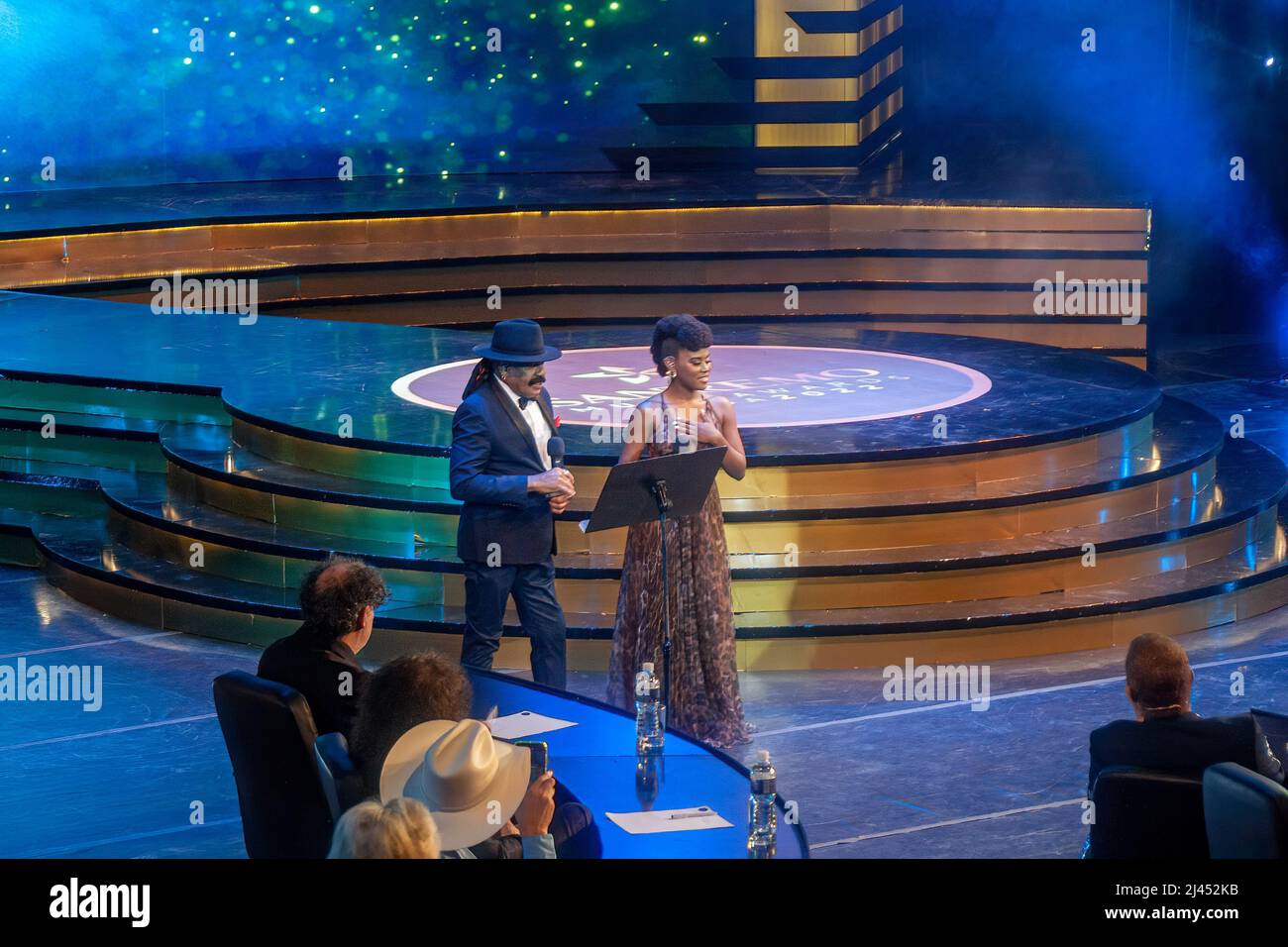 The finalist singer Diana Enrique performing with Pedrito Calvo on the stage of the Avellaneda Hall in the National Theater of Cuba. The San Remo Musi Stock Photo