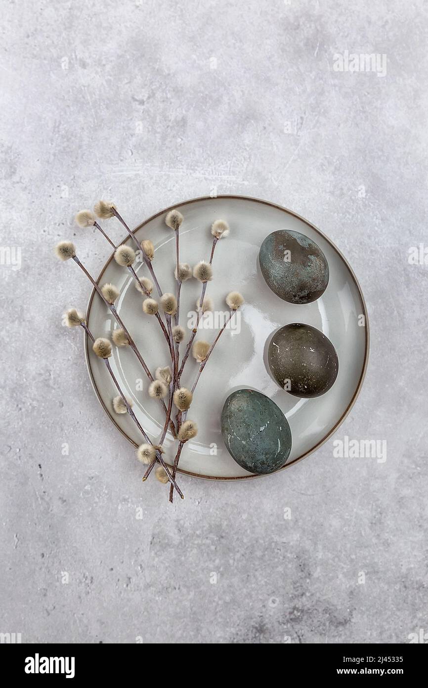 Easter picture with painted eggs on a plate. Willow branch. The minimal concept of Easter. An Easter card with a place for the text. Stock Photo