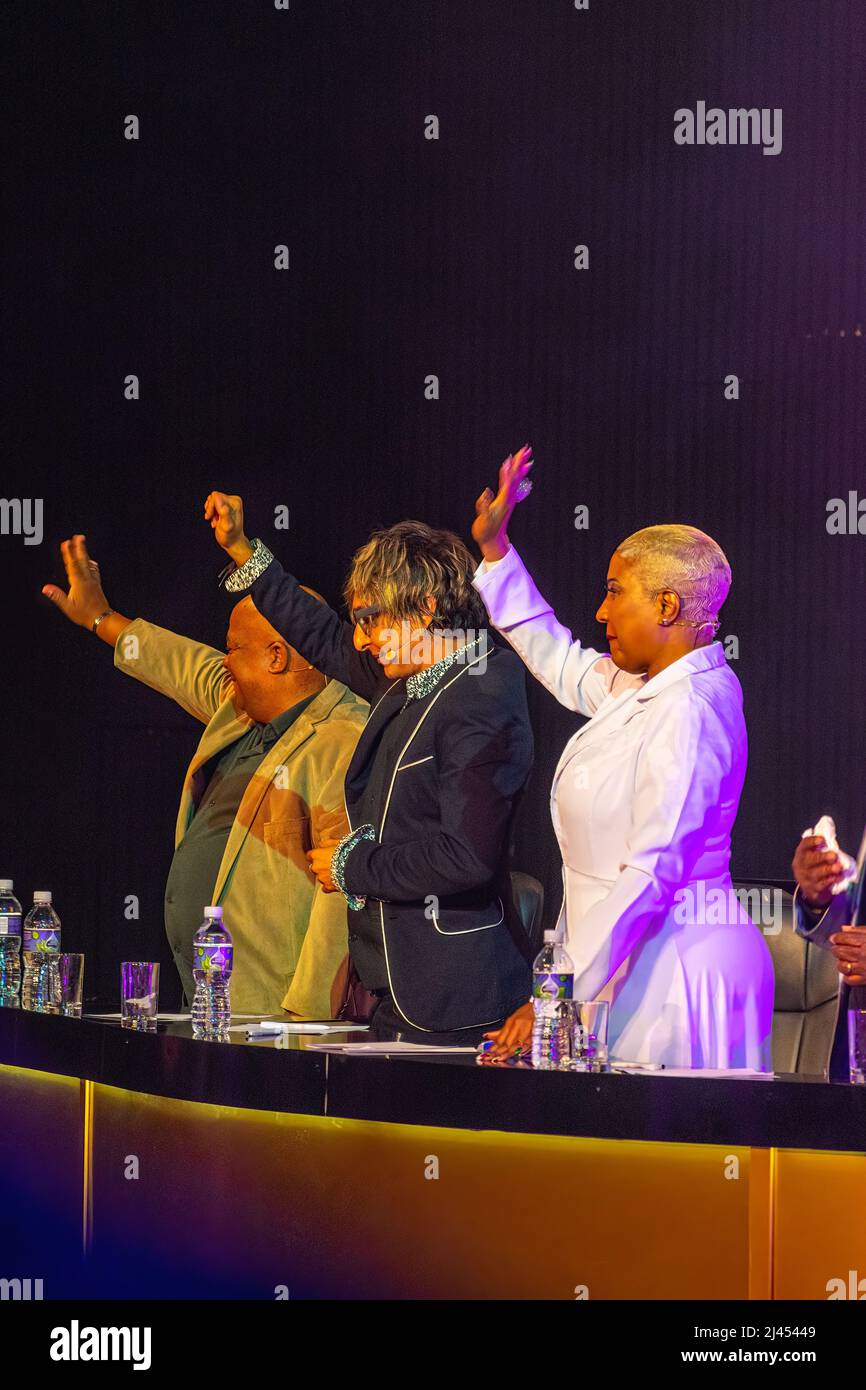 Jurors from right to left: Haila Maria Mompie, Jorgito Caramba, and Waldo Mendoza. The event is held in the Sala Avellaneda del Teatro Nacional. (Avel Stock Photo