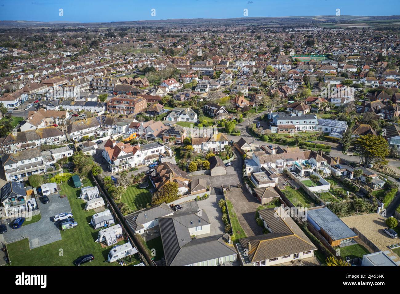 Beautiful aerial of East Preston Village and Angmering on Sea with views of the Caravan Park and Cafe and also the south strand shops. Stock Photo