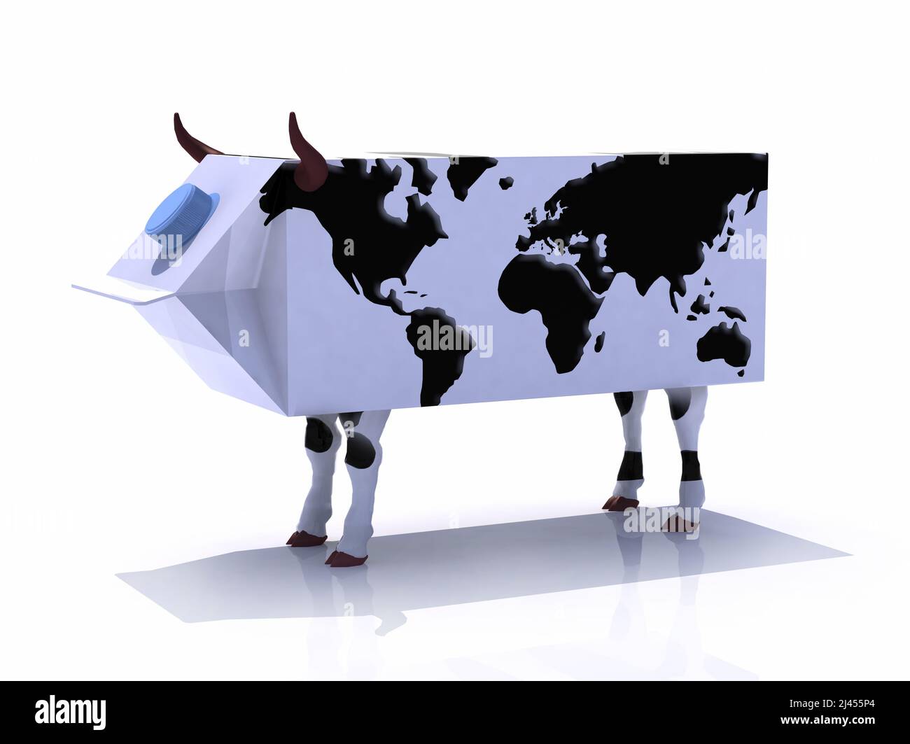 milk box like a cow with world map instead of blots, 3d illustration Stock Photo