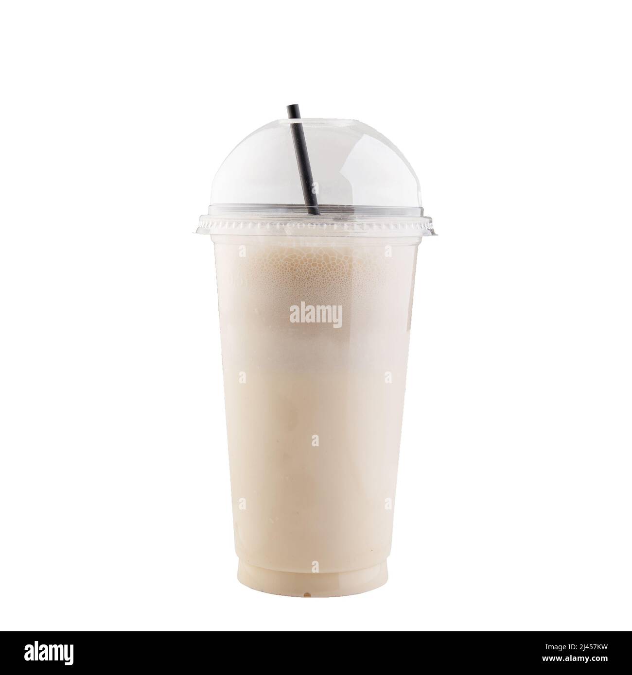 Vanilla milkshake in plastic glass with straw isolated on white