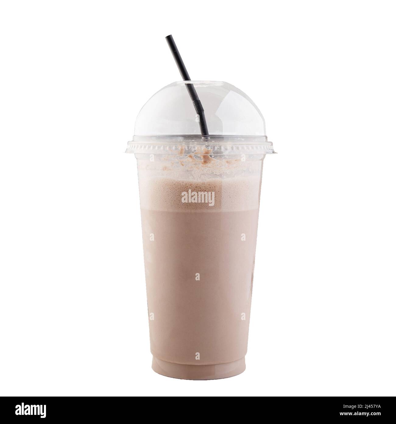 Glass cup of chocolate milk with a straw isolated on white Stock