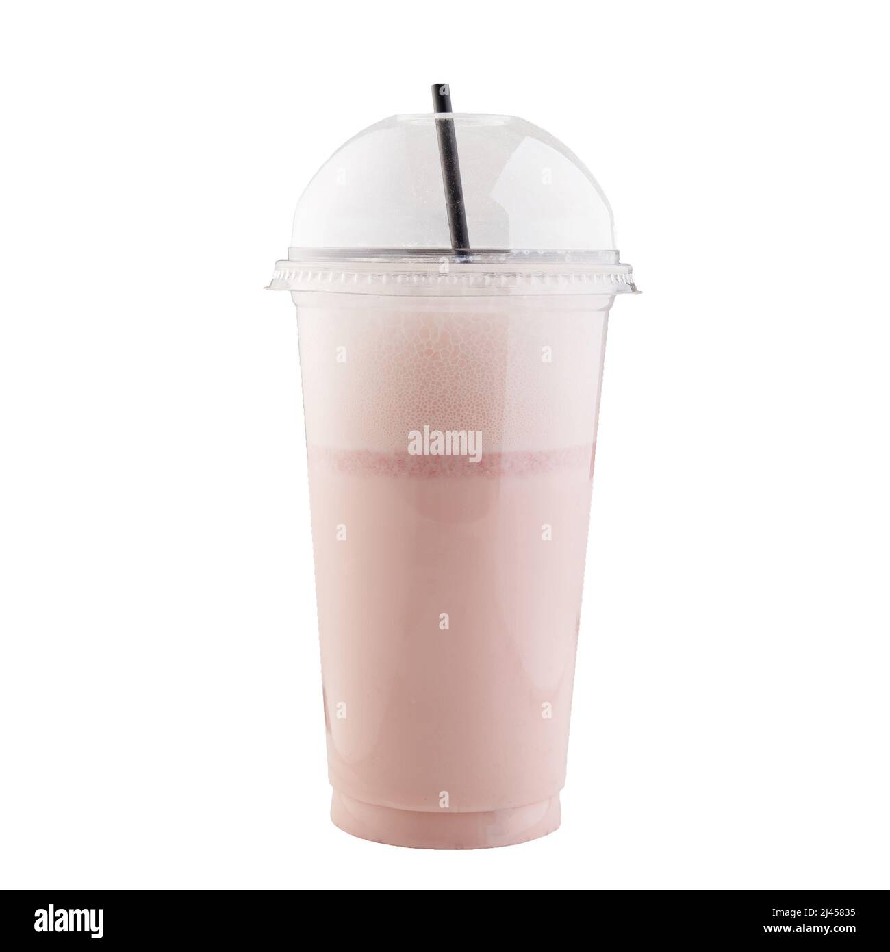 Strawberry milkshake in plastic glass with straw isolated on white background Stock Photo