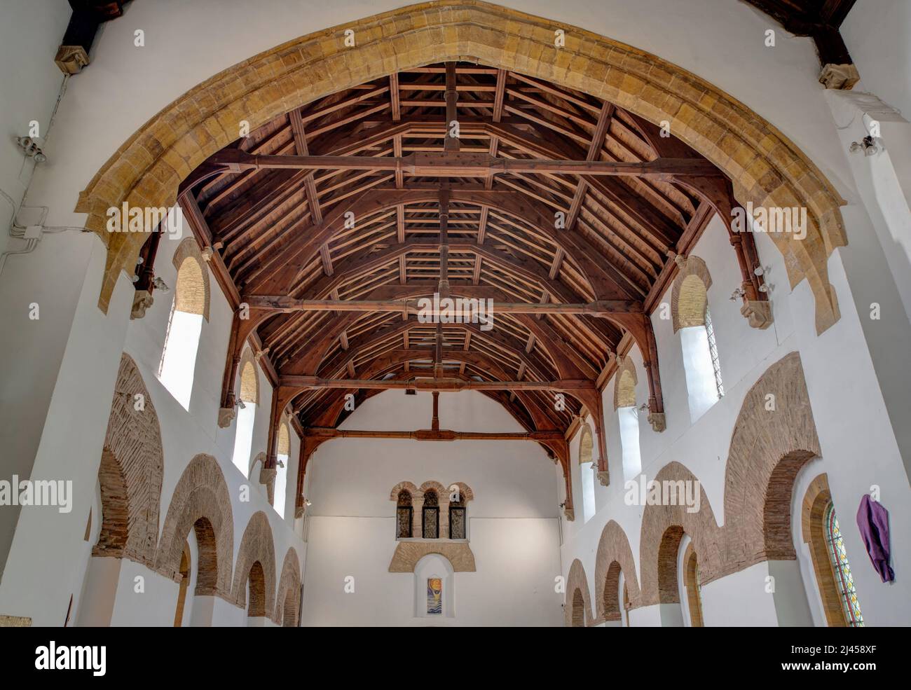 The interior of the Anglo Saxon church of All Saints, Brixworth, Northamptonshire, UK; the earliest parts date from the 7th century. Stock Photo