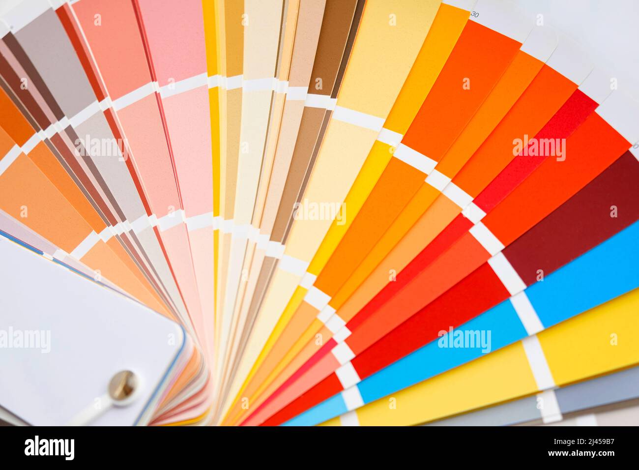 Color guide. Assortment of colors for design. Colors palette fan. White background. Designer chooses palette guide. Coloured swatches catalogue Stock Photo
