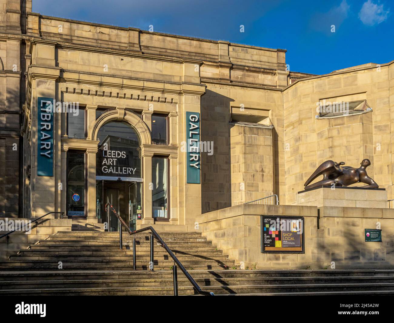 Bronze sculpture called Reclining Woman: Elbow by Henry Moore outside Leeds Art Gallery. UK Stock Photo